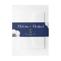 White Anemones Watercolor + Nautical Anchor Navy Invitation Belly Band