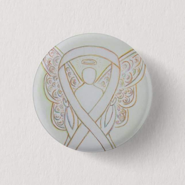 White Angel Awareness Ribbon Custom Art Pins (Front)