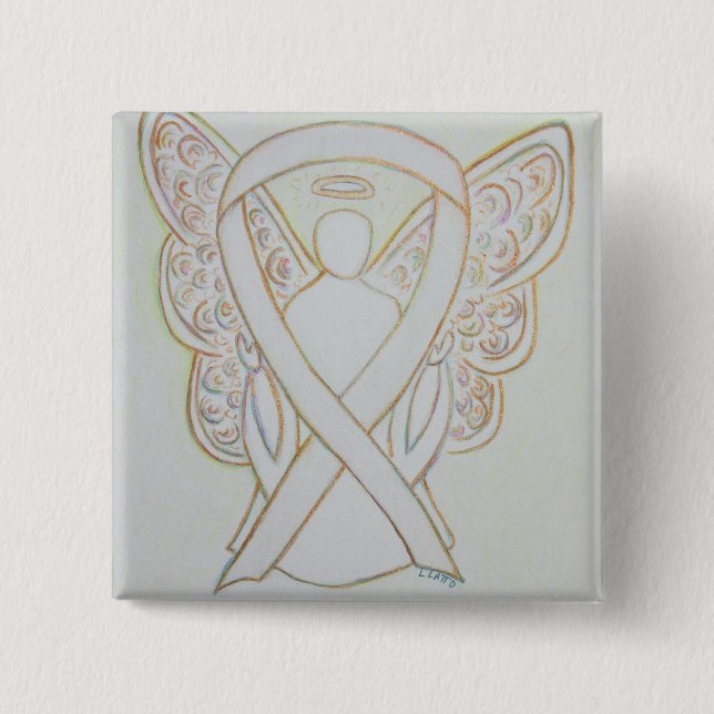 White Angel Awareness Ribbon Custom Art Pins (Front)