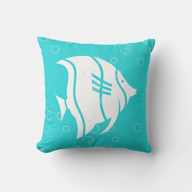 White Angel fish on teal Blue PILLOW (Front)