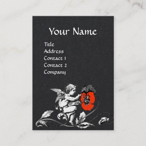WHITE ANGEL PAINTING A RED FLOWER Black Paper Business Card