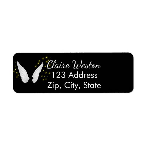 White angel wings black return address label