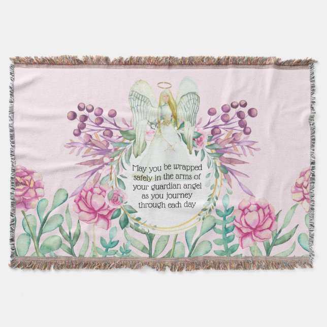 White angel wings pink peony floral wreath throw blanket (Front)