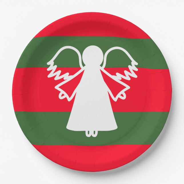 White Angel Wings Red Dark Green Stripes Holiday Paper Plates (Front)