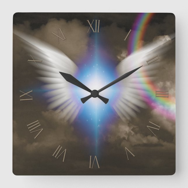 White angels wings square wall clock (Front)
