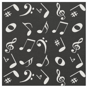 White Angled Music Notes Pattern on Black Fabric