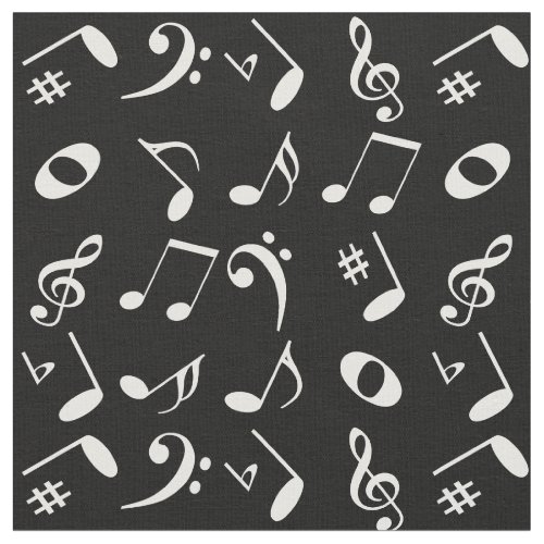 White Angled Music Notes Pattern on Black Fabric