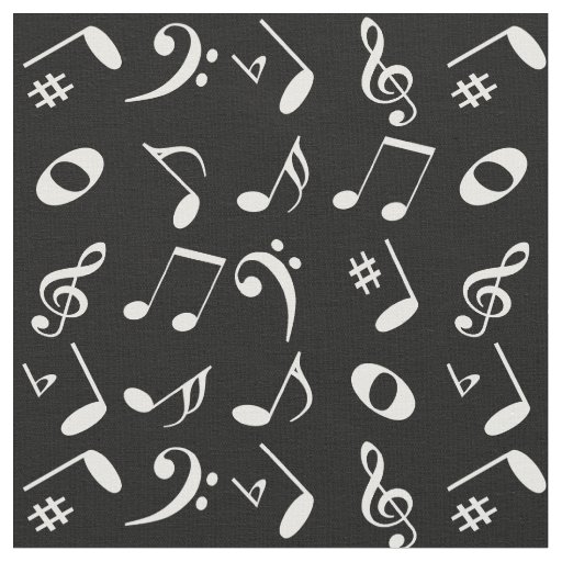 White Angled Music Notes Pattern on Black Fabric