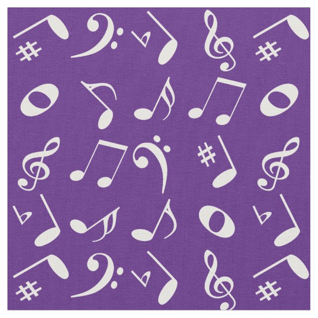 White Angled Music Notes Pattern on Purple Fabric (Close Up)