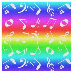 White Angled Music Notes Pattern Rainbow Gradient Fabric