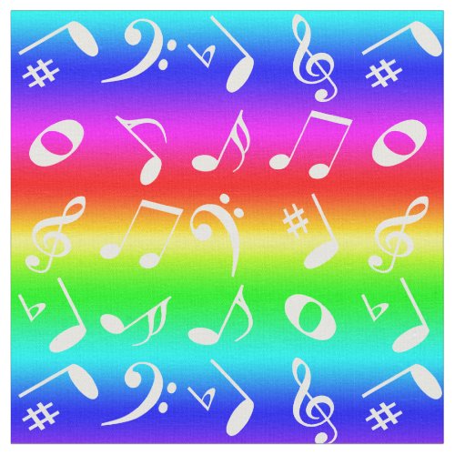White Angled Music Notes Pattern Rainbow Gradient Fabric