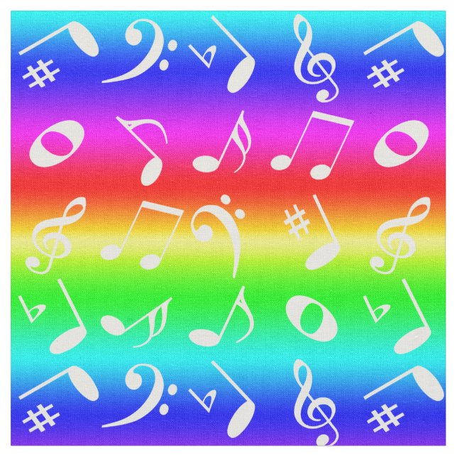 White Angled Music Notes Pattern Rainbow Gradient Fabric (Close Up)