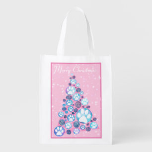 White Animal Paw Pink and Blue Christmas Tree Pink Grocery Bag