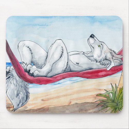 White anthro wolf enjoying summer in hammock mouse pad