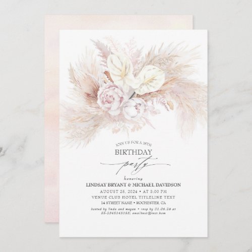 White Anthurium and Pampas Grass Birthday Party Invitation