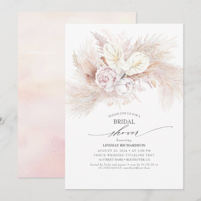 White Anthurium and Pampas Grass Bridal Shower Invitation (Front/Back)