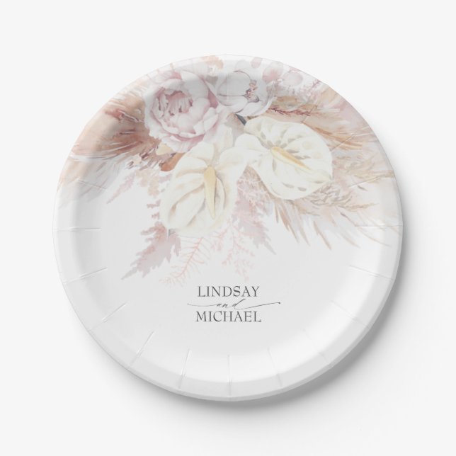 White Anthurium and Pampas Grass Elegant Wedding Paper Plates (Front)