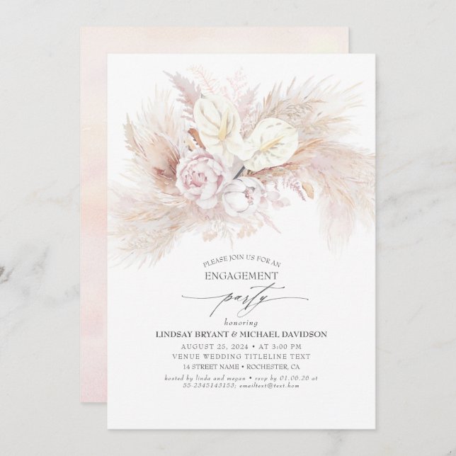 White Anthurium and Pampas Grass Engagement Party Invitation (Front/Back)