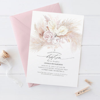 White Anthurium And Pampas Grass Floral Baptism Invitation by lovelywow at Zazzle