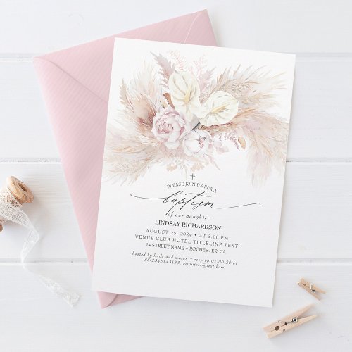 White Anthurium and Pampas Grass Floral Baptism Invitation