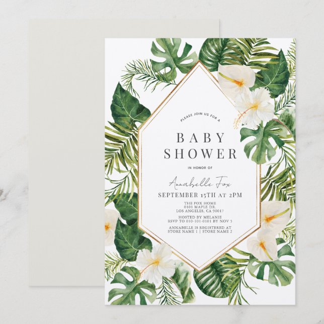 White Anthurium & Hibiscus Floral Baby Shower Invitation (Front/Back)