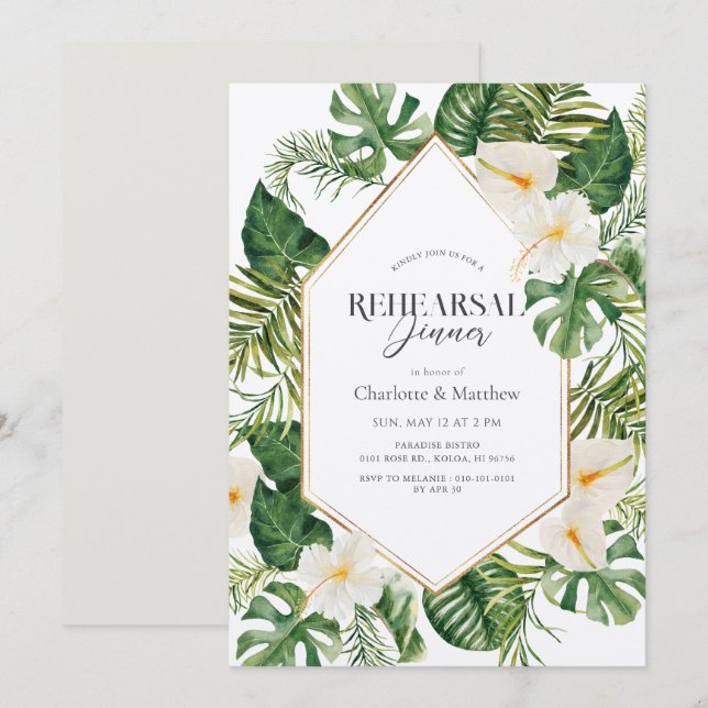 White Anthurium & Hibiscus Floral Rehearsal Dinner Invitation (Front/Back)
