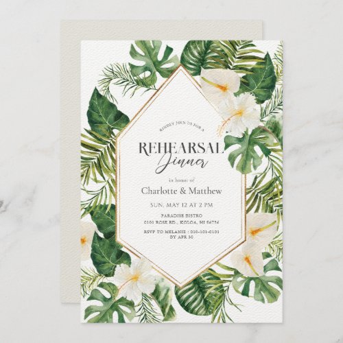 White Anthurium  Hibiscus Floral Rehearsal Dinner Invitation