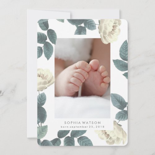 White Antique Rose Photo Card Birth Announcement