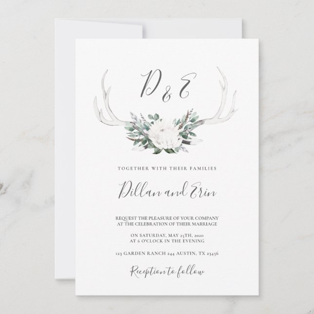 White Antler boho wedding invitation (Front)