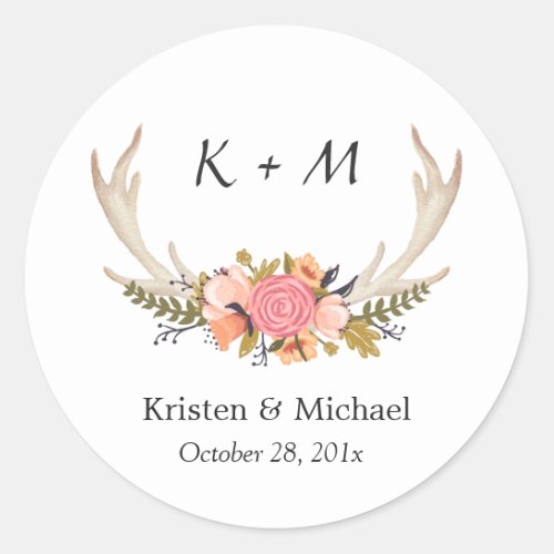 White Antler Floral Bride Groom Wedding Monogram Classic Round Sticker