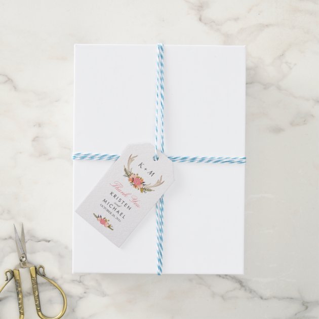 White Antler Rustic Floral Wedding Thank You Gift Tags