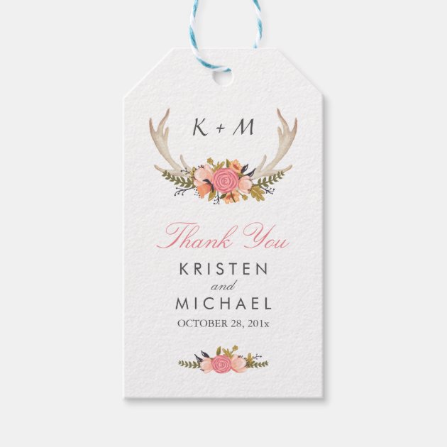 White Antler Rustic Floral Wedding Thank You Gift Tags