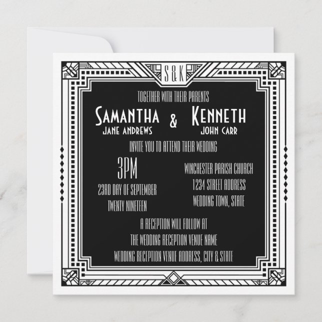 White & Any Color Great Gatsby Art Deco Wedding Invitation (Front)