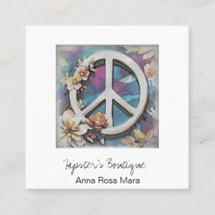 *~* White AP57 QR Peace Sign Flowers Grunge Boho  Square Business Card