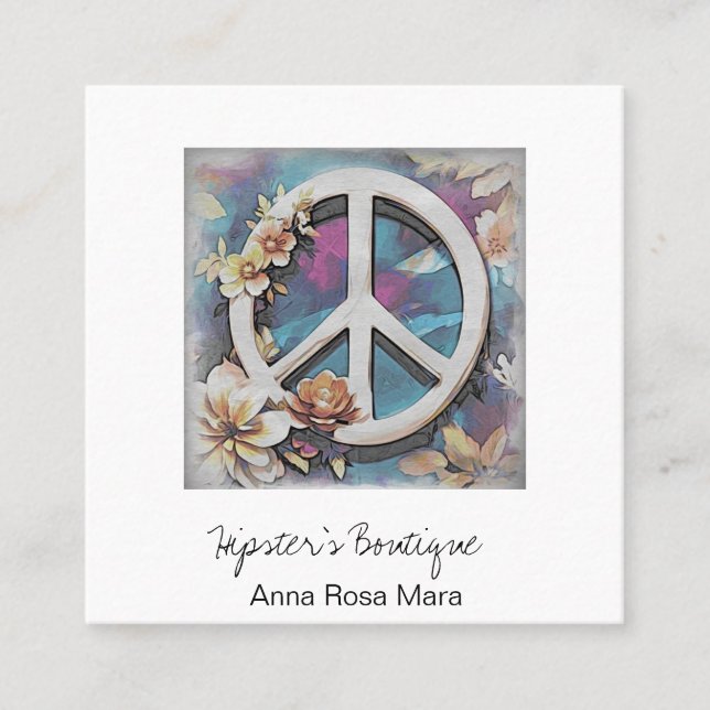 *~* White AP57 QR Peace Sign Flowers Grunge Boho  Square Business Card (Front)