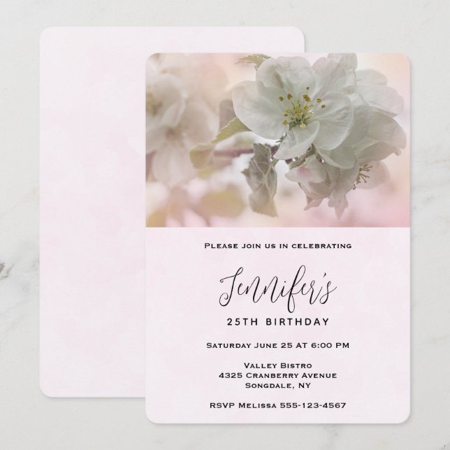 White Apple Blossom Photograph Birthday Invitation (Front/Back)