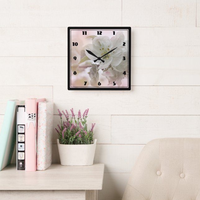 White Apple Blossom Photograph Square Wall Clock (Reading Room)