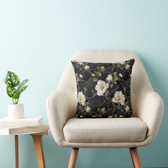 White Apple Blossoms on Black Gold Background Throw Pillow (Chair)