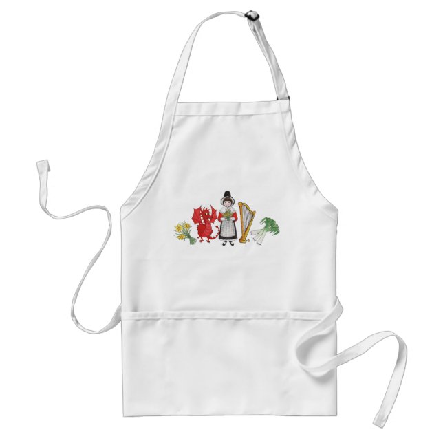 White Apron: Welsh Daffodils Dragon Leeks Harp Adult Apron (Front)