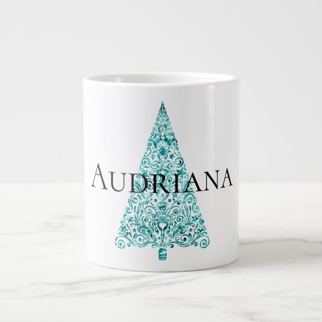 White Aqua Blue Christmas Tree Giant Coffee Mug (Front)