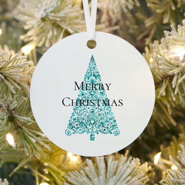 White Aqua Blue Christmas Tree Metal Ornament (Insitu)