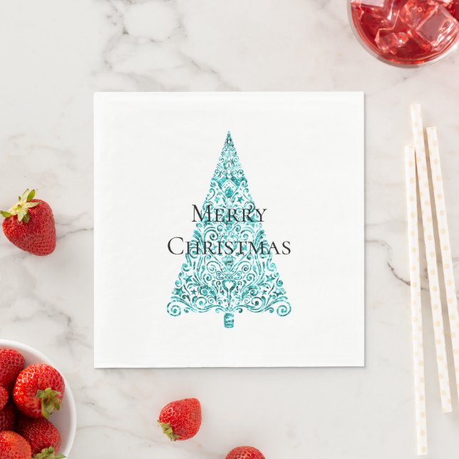 White Aqua Blue Christmas Tree Napkins (Insitu)