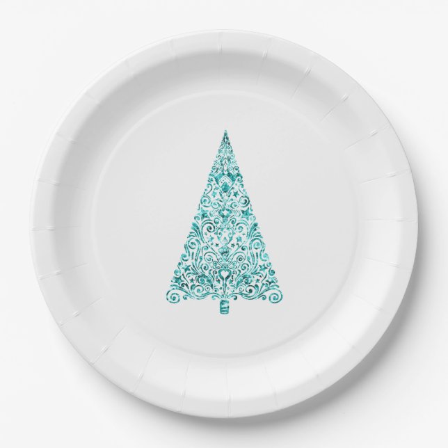 White Aqua Blue Christmas Tree Paper Plates (Front)