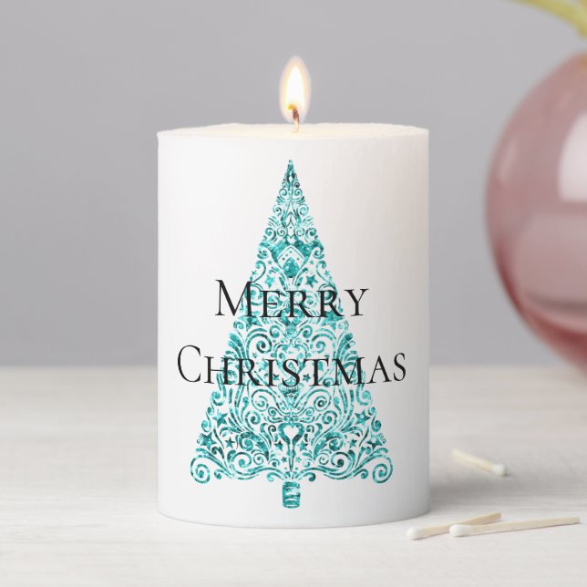 White Aqua Blue Christmas Tree Pillar Candle (In Situ)