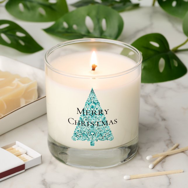White Aqua Blue Christmas Tree Scented Candle (Lit)
