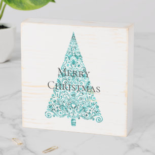 White Aqua Blue Christmas Tree Wooden Box Sign