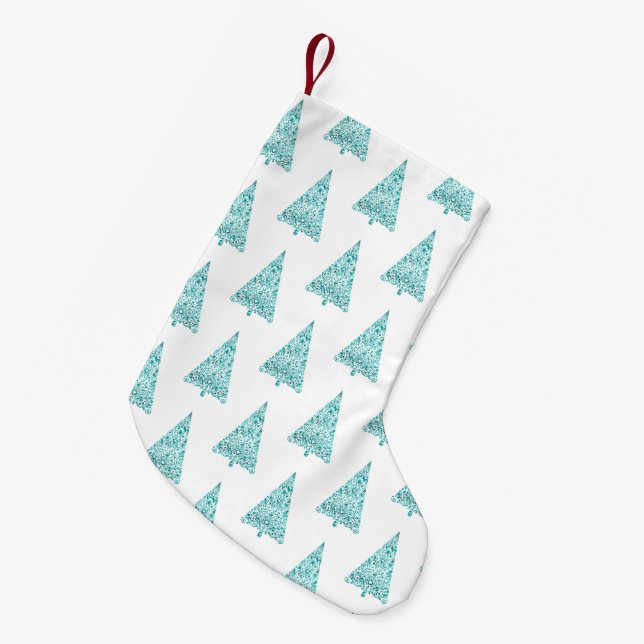 White Aqua Blue Sparkle Christmas Tree Small Christmas Stocking (Front (Hanging))