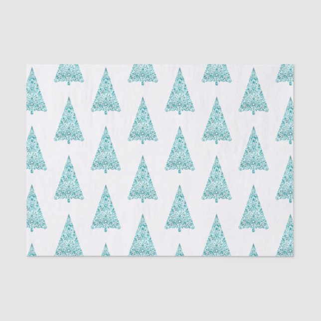 White Aqua Blue Sparkle Christmas Tree Tissue Paper (Front)