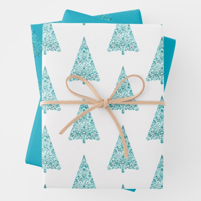 White Aqua Blue Sparkle Christmas Tree  Wrapping Paper Sheets (In situ)
