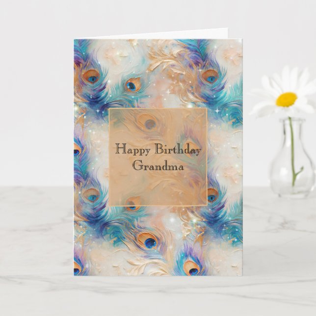White Aqua Gold Peacock Feathers Card (Small Plant)
